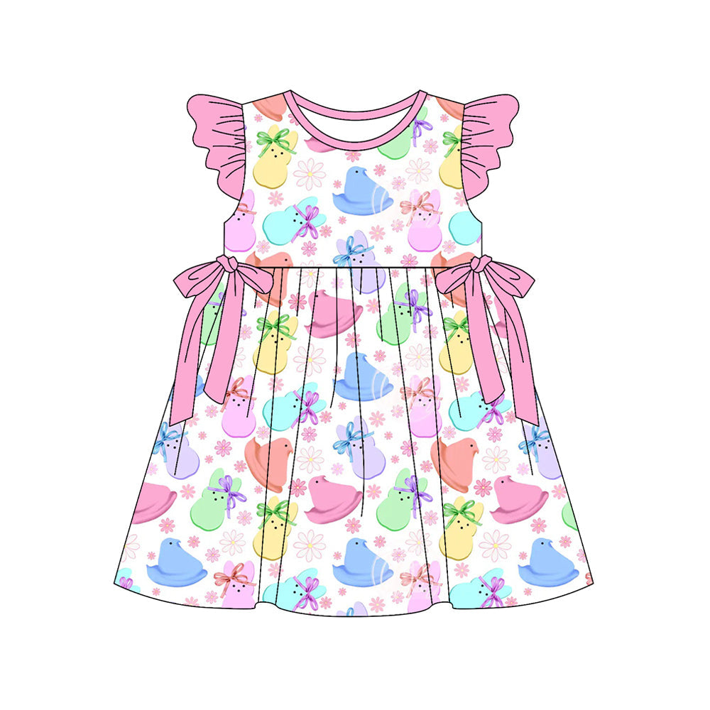 ( Moq 5 ) Preorder Baby Girls Kids Short Sleeves Rabbits Flowers Bows Easter Knee Length Dress
