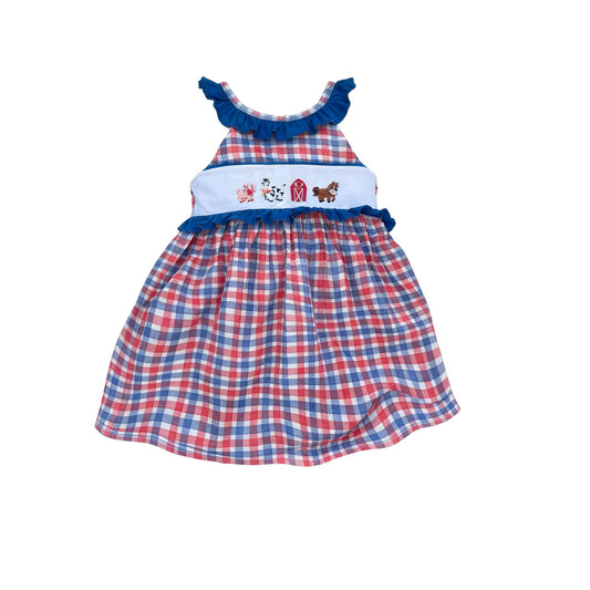 ( Moq 5 ) Preorder Baby Girls Farm Animals Plaid Summer Knee Length Dress