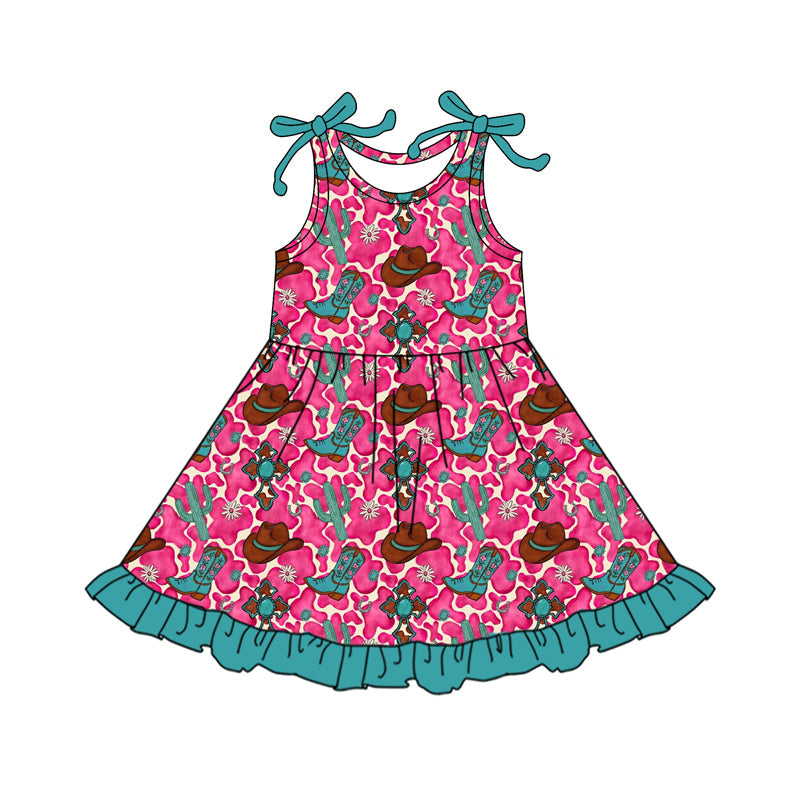 ( Moq 5 ) Preorder Baby Girls Cactus Boots Pink Cow Print Crosses Easter Knee Length Dress