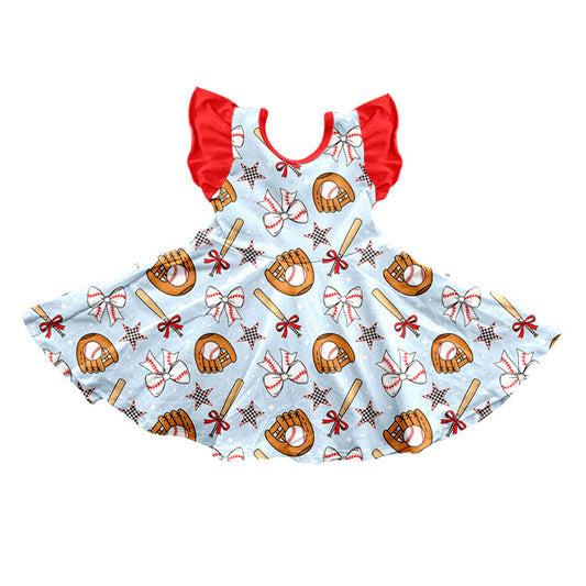 ( Moq 5 ) Preorder Baby Girls Kids Short Sleeves Baseball Stars Bows Knee Length Dress