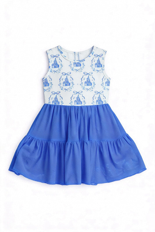 ( Moq 5 ) Preorder Baby Girls Kids Sleeveless Castles Bows Blue Yoga Active Knee Length Yoga Dress