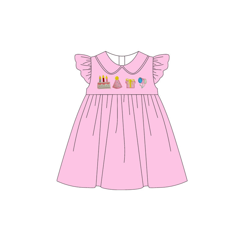 ( Moq 5 ) Preorder Baby Girls Short Sleeves Cakes Happy Birthday Pink Knee Length Dress