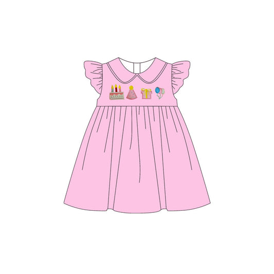 ( Moq 5 ) Preorder Baby Girls Short Sleeves Cakes Happy Birthday Pink Knee Length Dress