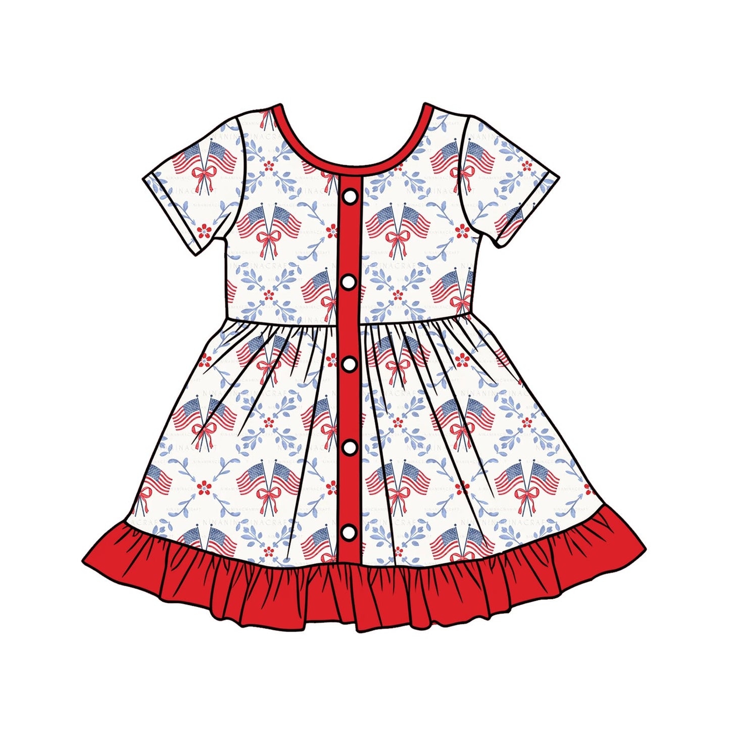 ( Moq 5 ) Preorder Baby Girls Short Sleeves Flags Bows Flower 4th of July Knee Length Dress