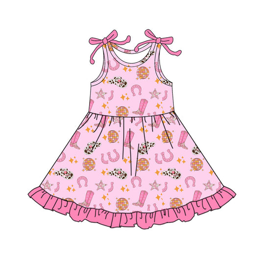 ( Moq 5 ) Preorder Baby Girls Straps Western Hats Boots Pink Ruffle Knee Length Dress