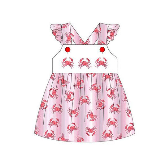 ( Moq 5 ) Preorder Baby Girls Short Sleeves Crabs Stripes Summer Knee Length Dress