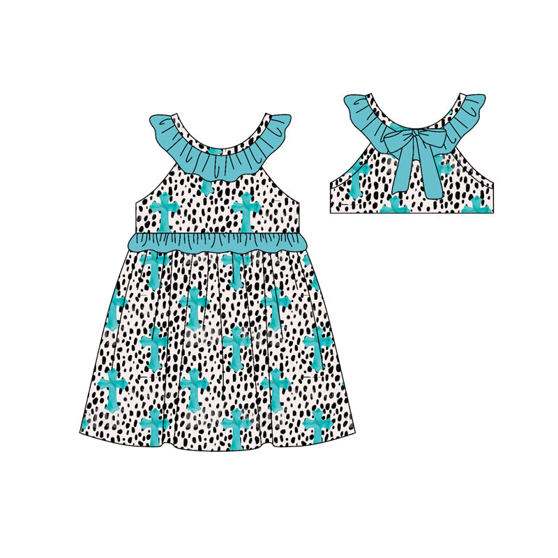 ( Moq 5 ) Preorder Baby Girls Infant Easter Crosses Dots Green Ruffle Knee Length Dress