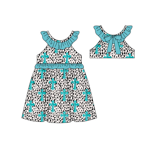 ( Moq 5 ) Preorder Baby Girls Infant Easter Crosses Dots Green Ruffle Knee Length Dress