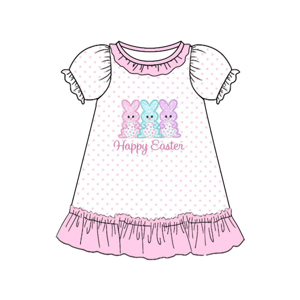( Moq 5 ) Preorder Baby Girls Short Sleeves Rabbits Dots Easter Ruffle Knee Length Dress