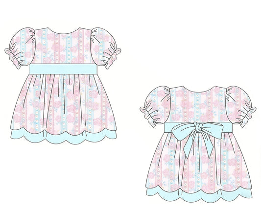 ( Moq 5 ) Preorder Baby Girls Kids Short Sleeves Flowers Ruffle Knee Length Dress