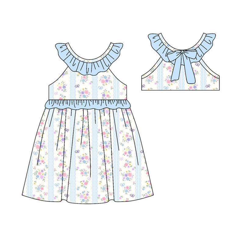 ( Moq 5 ) Preorder Baby Girls Kids Flower Bows Blue Ruffle Knee Length Dress