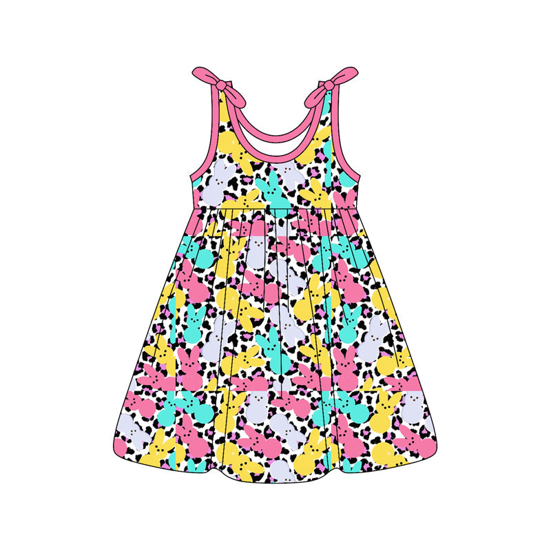 ( Moq 5 ) Preorder Baby Girls Kids Straps Rabbits Leopard Easter Knee Length Dress