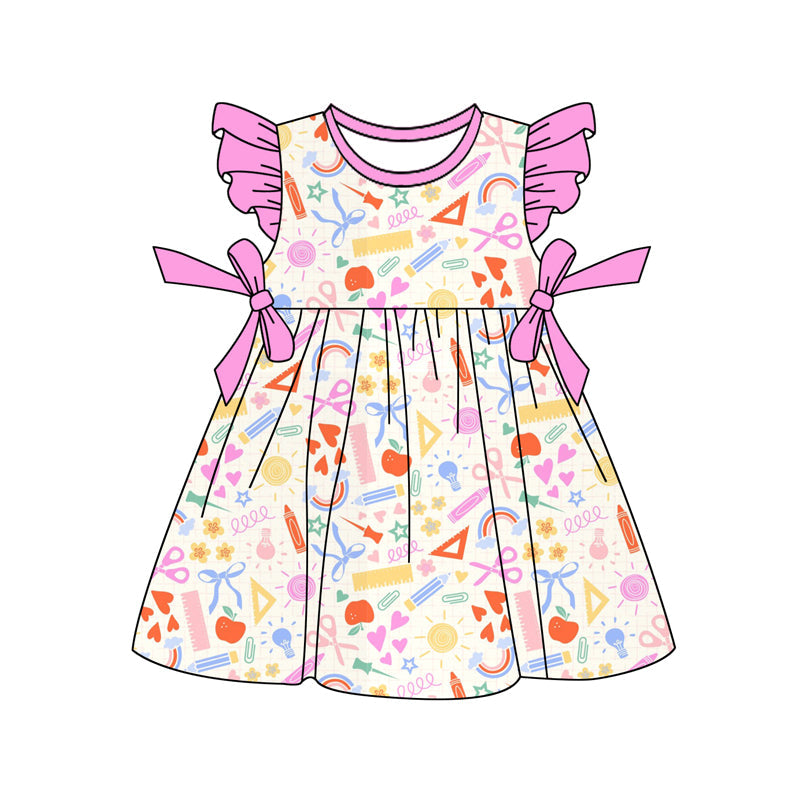 ( Moq 5 ) Preorder Baby Girls Short Sleeves Pencils Hearts Pink Bows Back to School Knee Length Dress
