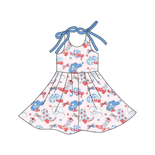( Moq 5 ) Preorder Baby Girls Kids Straps Boots Hats Bows Stars 4th of July Knee Length Dress