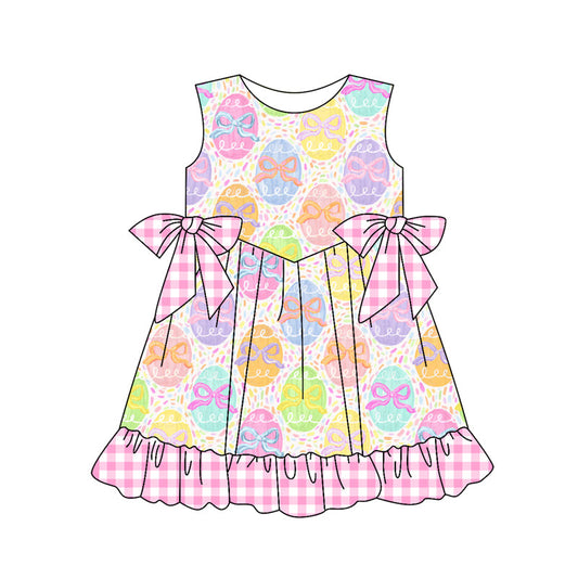 ( Moq 5 ) Preorder Baby Girls Colorful Eggs Bows Plaid Ruffle Easter Knee Length Dress