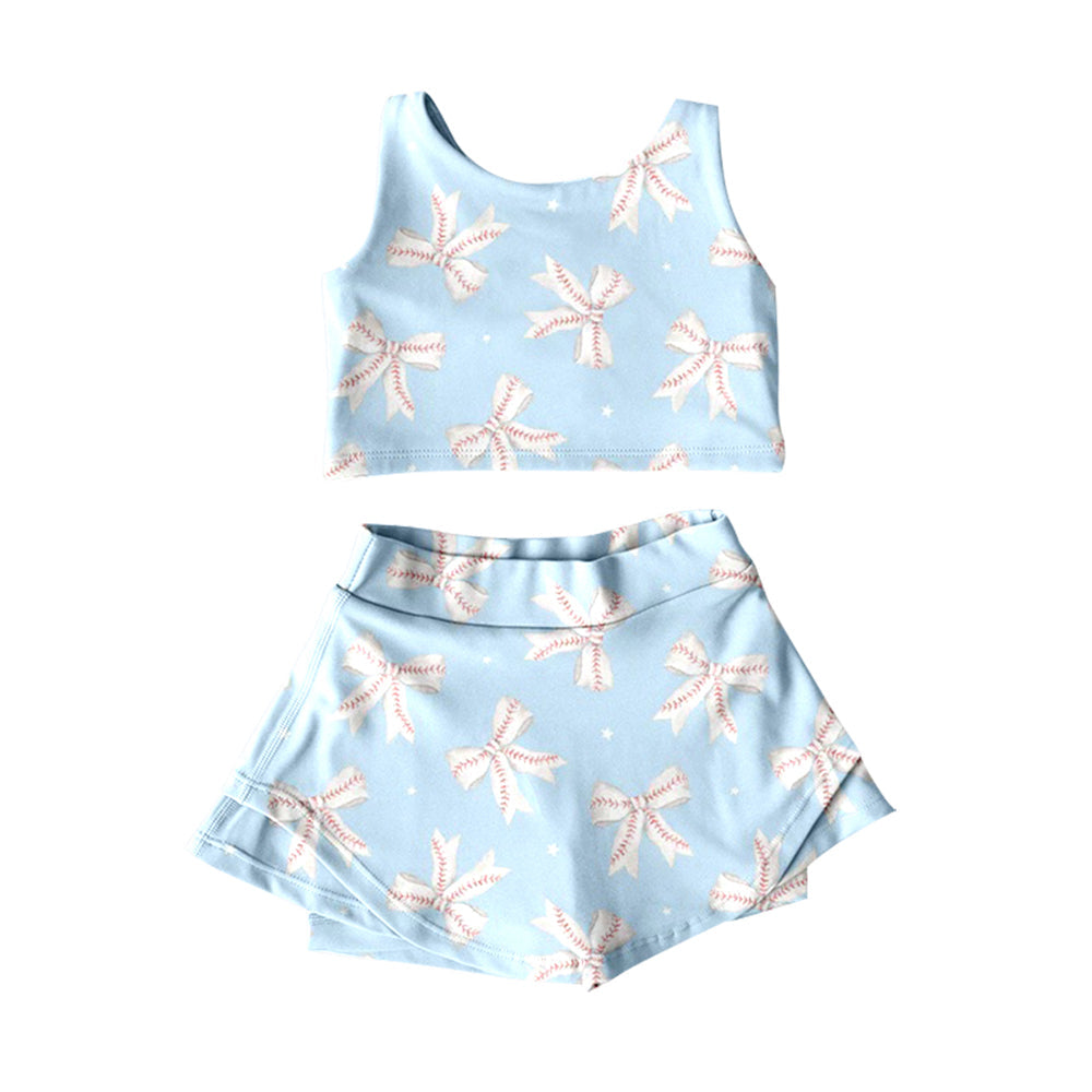 ( Moq 5 ) Preorder Baby Girls Kids Baseballs Bows Tops Skirt Shorts Summer Yoga Blue Clothes Set