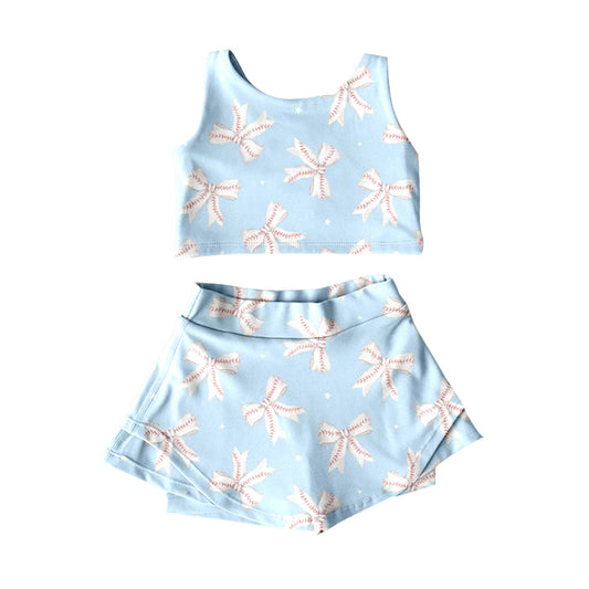 ( Moq 5 ) Preorder Baby Girls Kids Baseballs Bows Tops Skirt Shorts Summer Yoga Blue Clothes Set