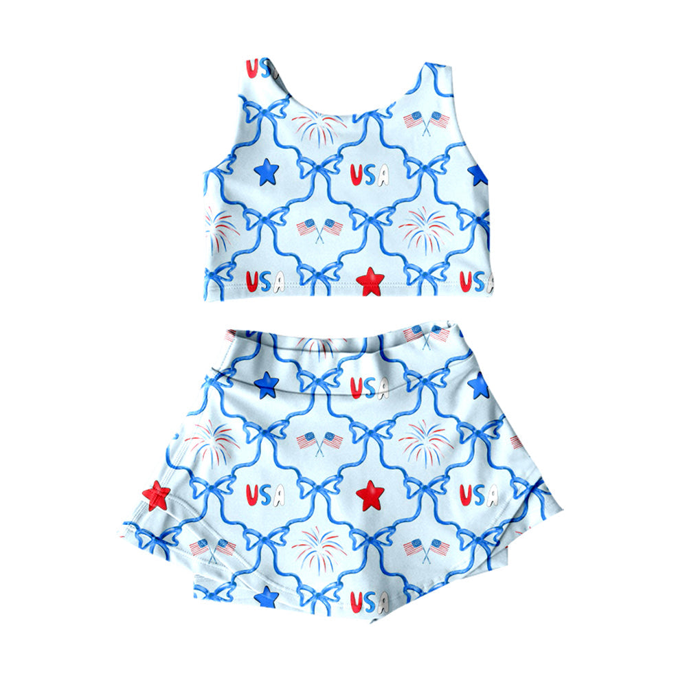 ( Moq 5 ) Preorder Baby Girls Kids Flags Stars Bows Tops Skirt Shorts 4th of July Yoga Blue Set