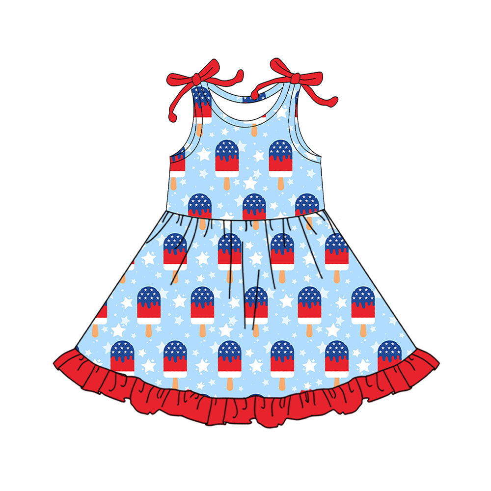 ( Moq 5 ) Preorder Baby Girls Sleeveless Popsicle Stars Tops Shorts 4th of July Knee Length Dress