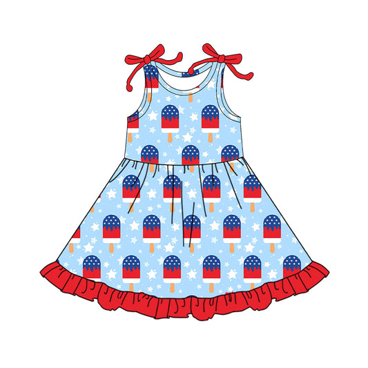 ( Moq 5 ) Preorder Baby Girls Sleeveless Popsicle Stars Tops Shorts 4th of July Knee Length Dress