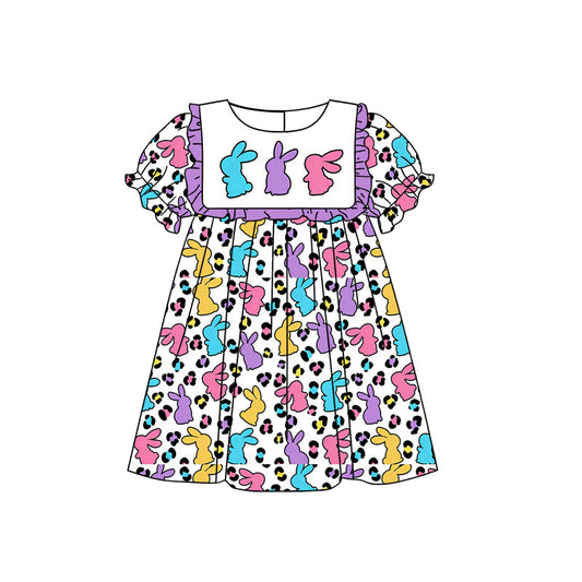 ( Moq 5 ) Preorder Baby Girls Kids Short Sleeves Rabbits Leopard Easter Knee Length Dress