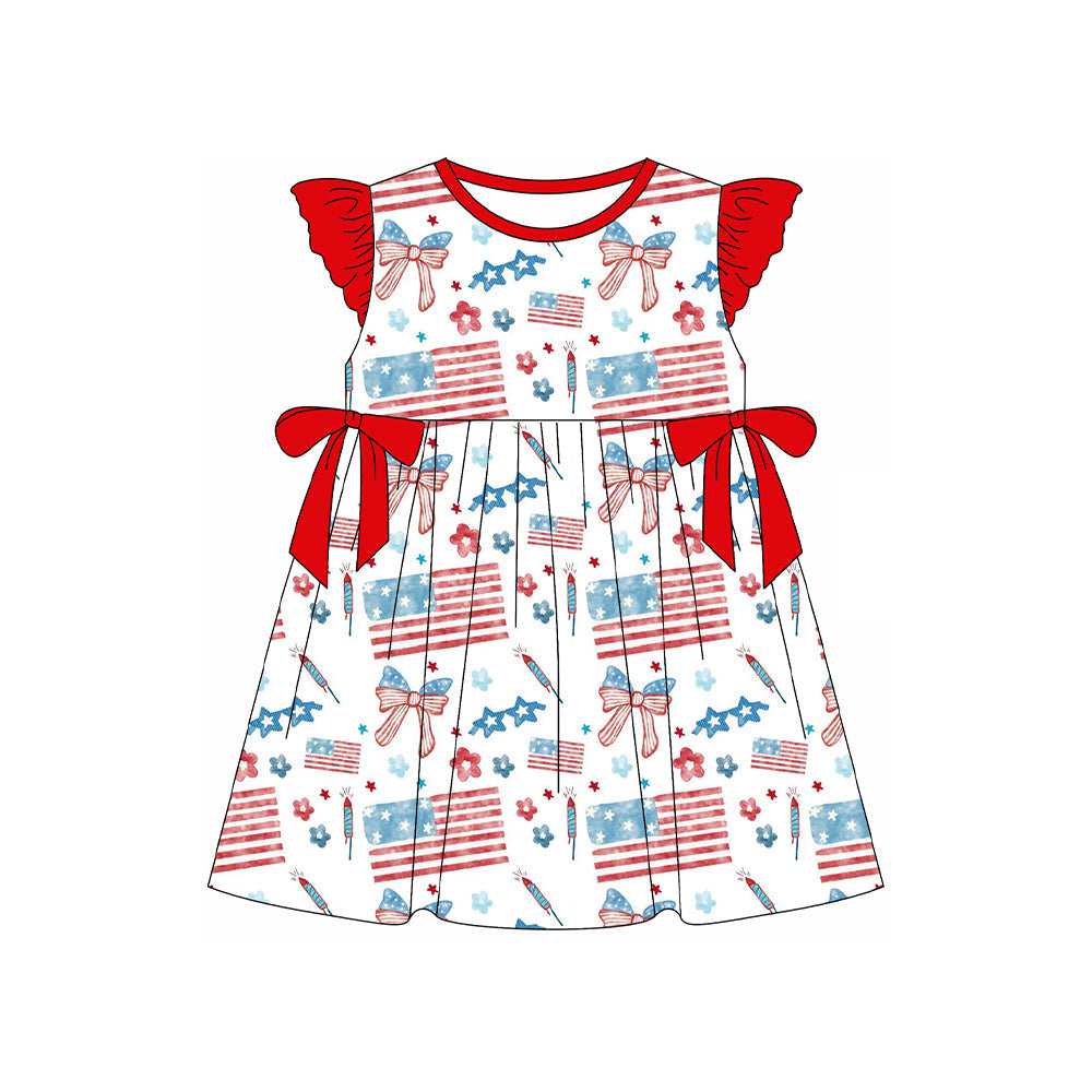 ( Moq 5 ) Preorder Baby Girls Short Sleeves Flags Bows Flowers 4th of July Knee Length Dress