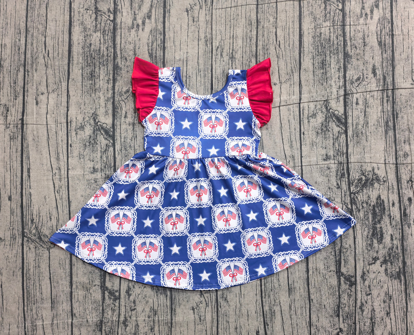 Baby Girls Short Sleeves Flags Bows Stars 4th of July Knee Length Dress RTS