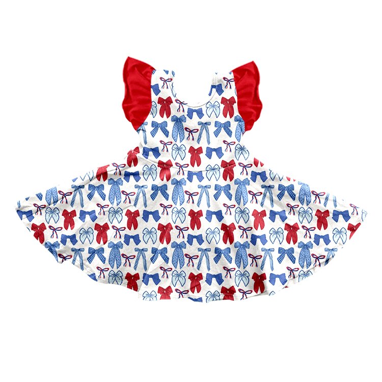 ( Moq 5 ) Preorder Baby Girls Short Sleeves Red Blue Bows 4th of July Knee Length Dress