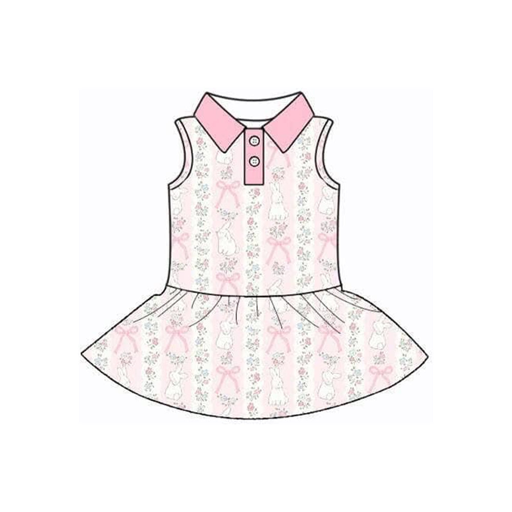 ( Moq 5 ) Preorder Baby Girls Rabbits Floral Bows Easter Yoga Buttons Shorts Knee Length Dress