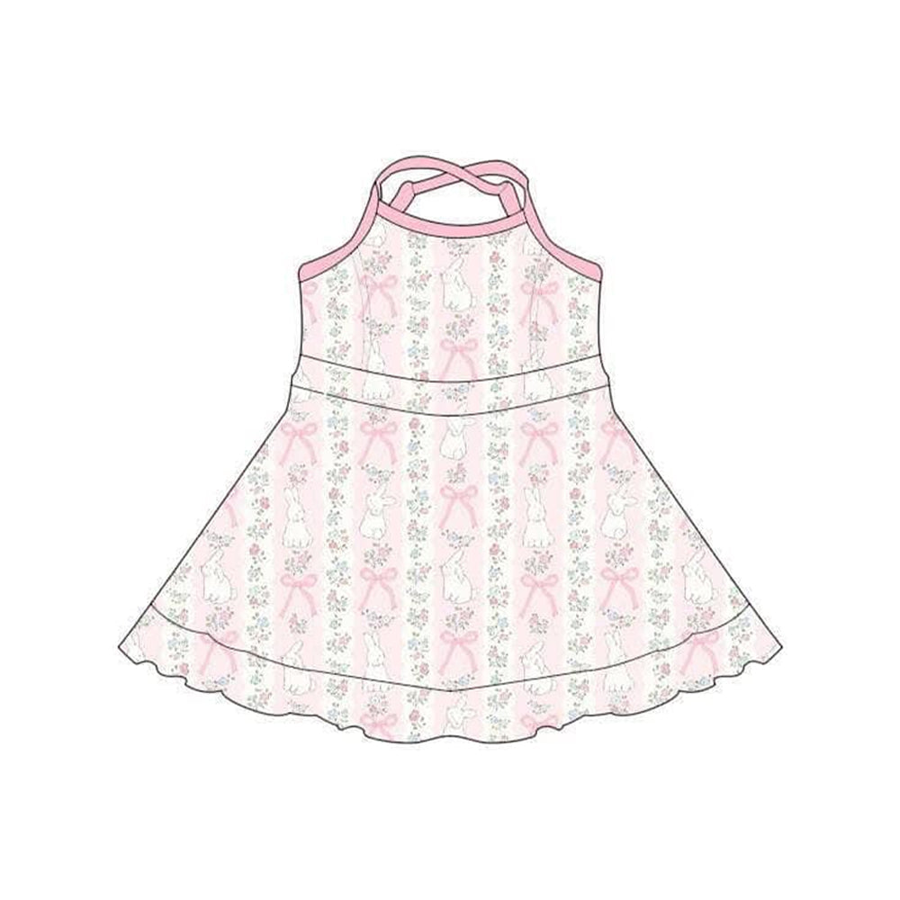 ( Moq 5 ) Preorder Baby Girls Sleeveless Rabbits Floral Bows Easter Yoga Shorts Knee Length Dress