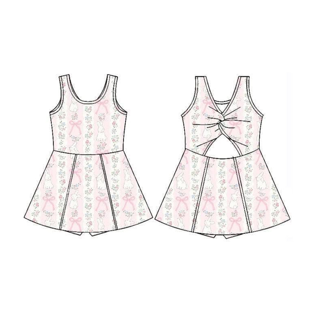 ( Moq 5 ) Preorder Baby Girls Rabbits Floral Bows Easter Yoga Shorts Knee Length Dress