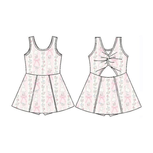 ( Moq 5 ) Preorder Baby Girls Rabbits Floral Bows Easter Yoga Shorts Knee Length Dress