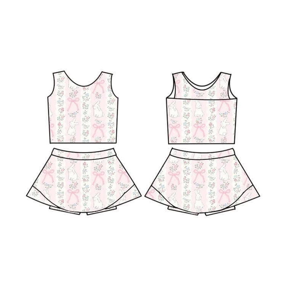 ( Moq 5 ) Preorder Baby Girls Rabbits Floral Bows Tops Shorts Skirt Easter Yoga Clothes Set