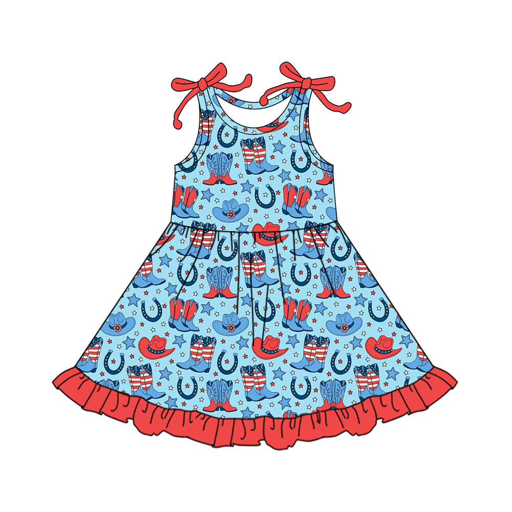 ( Moq 5 ) Preorder Baby Girls Straps Hats Boots Stars 4th of July Western Knee Length Dress