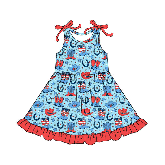 ( Moq 5 ) Preorder Baby Girls Straps Hats Boots Stars 4th of July Western Knee Length Dress