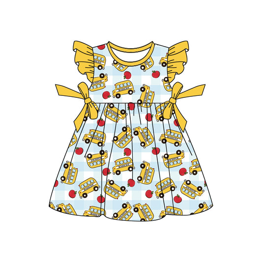 ( Moq 5 ) Baby Girls Kids Short Sleeves Bus Apple Bows Plaid Back to School Knee Length Dress