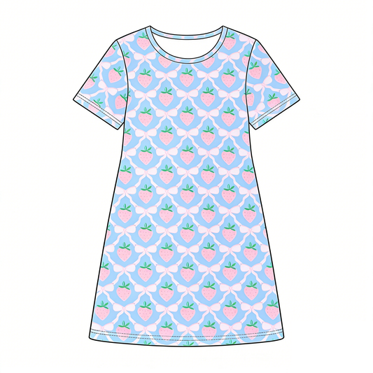 ( Moq 5 ) Preorder Baby Girls Kids Short Sleeves Strawberry Bows Blue Knee Length Dress