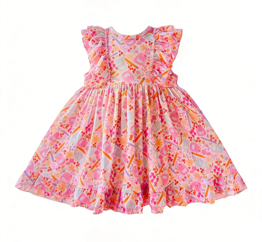 ( Moq 5 ) Preorder Baby Girls Short Sleeves Pencil Flower Bows Back to School Ruffle Dress