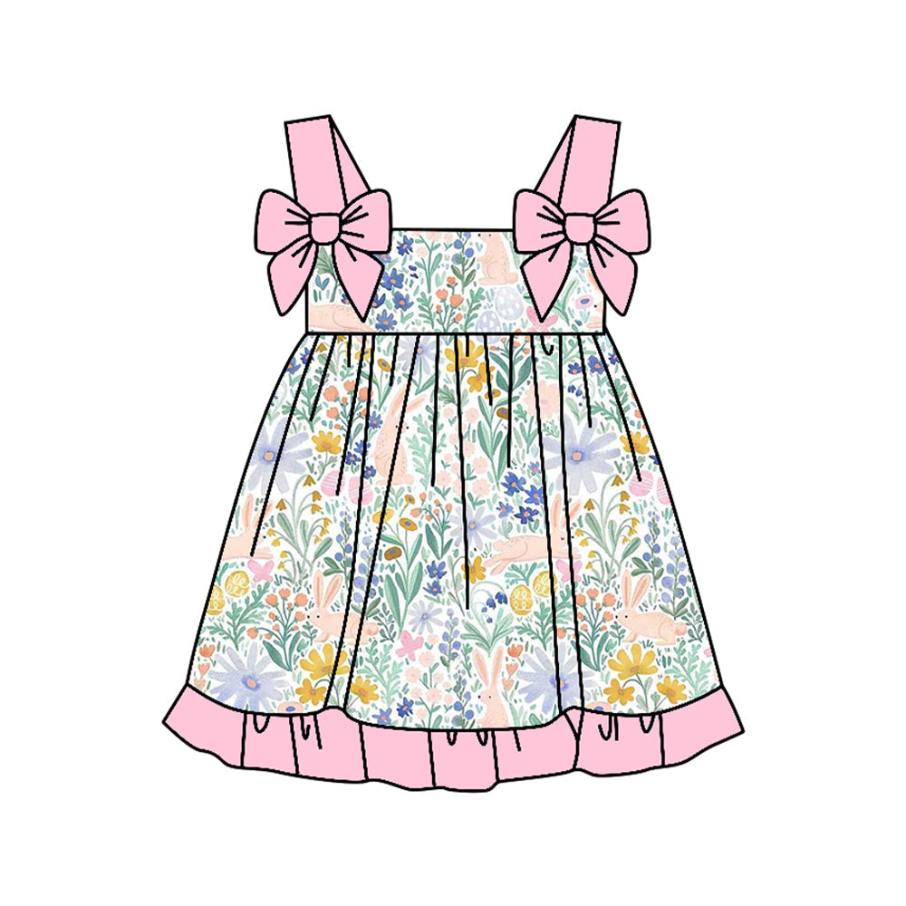 ( Moq 5 ) Preorder Baby Girls Kids Rabbits Eggs Flower Bows Easter Knee Length Dress