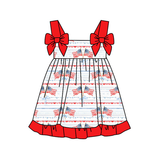 ( Moq 5 ) Preorder Baby Girls Kids Sleeveless Flags Bows Stars 4th of July Knee Length Dress