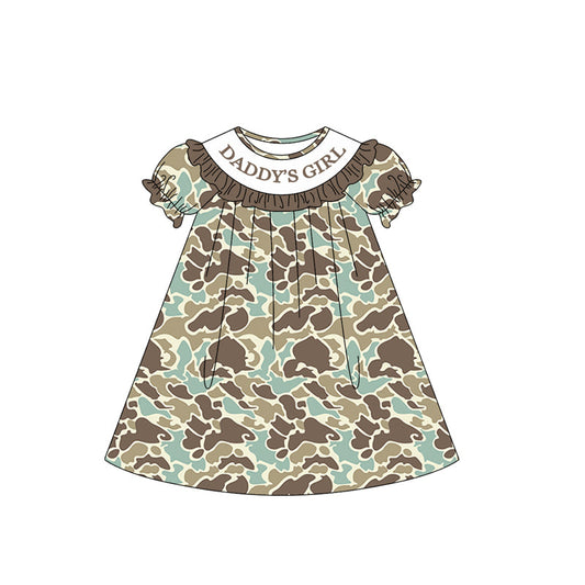 ( Moq 5 ) Preorder Baby Girls Short Sleeves Daddy's Girl Green Brown Camo Knee Length Dress