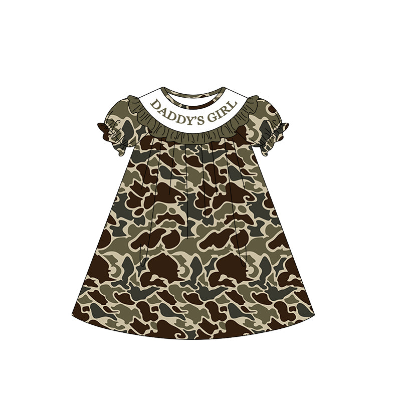( Moq 5 ) Preorder Baby Short Sleeves Daddy's Girl Dark Green Dogs Camo Knee Length Dress