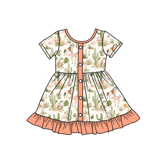 ( Moq 5 ) Preorder Baby Girls Kids Short Sleeves Western Horse Cactus Ruffle Knee Length Dress