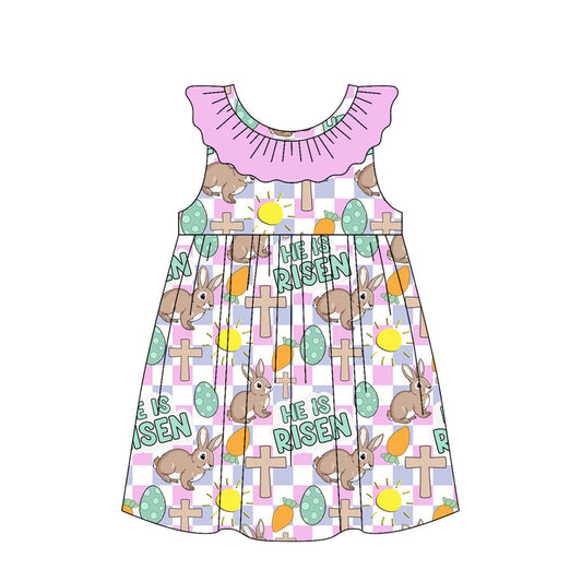 ( Moq 5 ) Preorder Baby Girls Rabbits Eggs Crosses Plaid Ruffle Easter Knee Length Dress