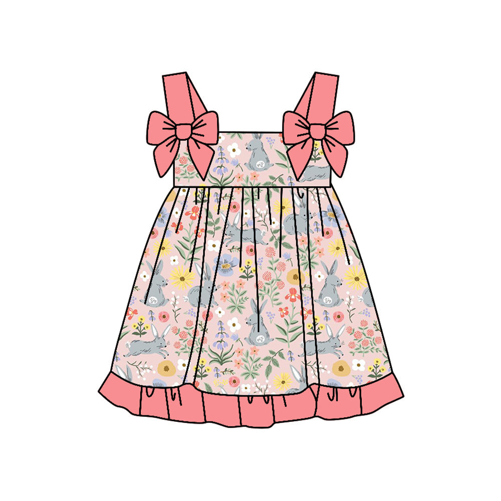( Moq 5 ) Preorder Baby Girls Kids Bows Sleeveless Rabbits Flower Easter Knee Length Dress
