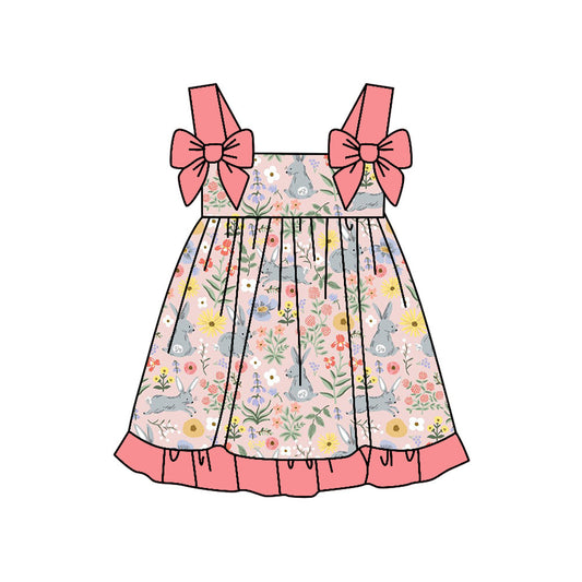( Moq 5 ) Preorder Baby Girls Kids Bows Sleeveless Rabbits Flower Easter Knee Length Dress