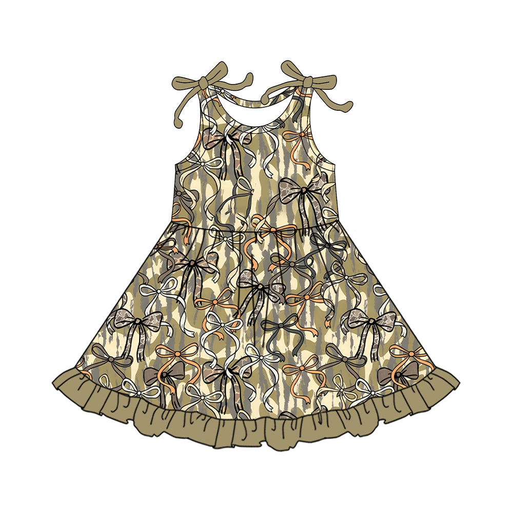 ( Moq 5 ) Preorder Baby Girls Kids Sleeveless Camo Bows Ruffle Knee Length Dress