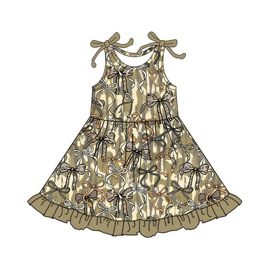 ( Moq 5 ) Preorder Baby Girls Kids Sleeveless Camo Bows Ruffle Knee Length Dress