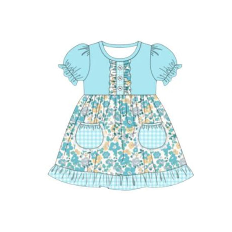 ( Moq 5 ) Preorder Baby Girls Kids Short Sleeves Flower Pockets Buttons Knee Length Dress