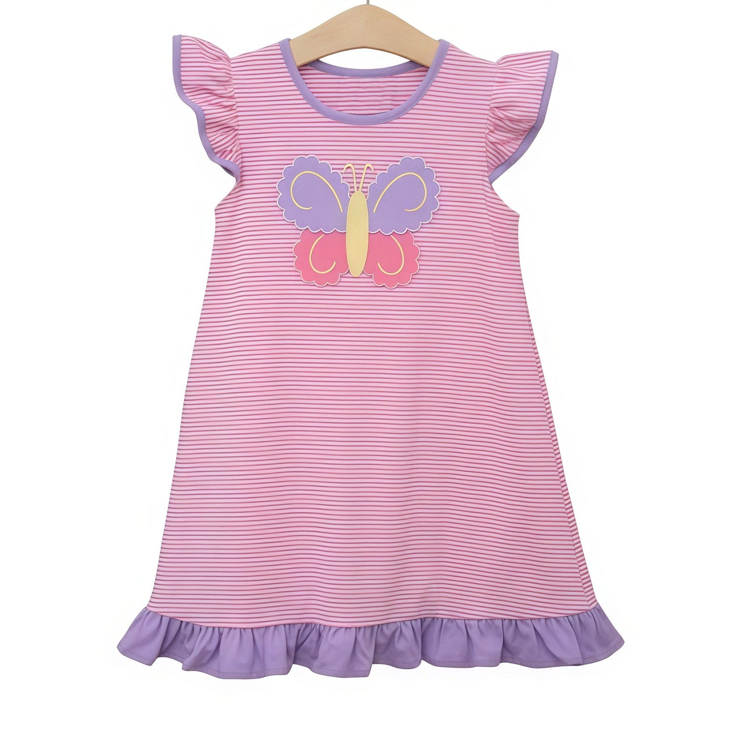 ( Moq 5 ) Preorder Baby Girls Kids Short Sleeves Butterfly Stripes Ruffle Knee Length Dress